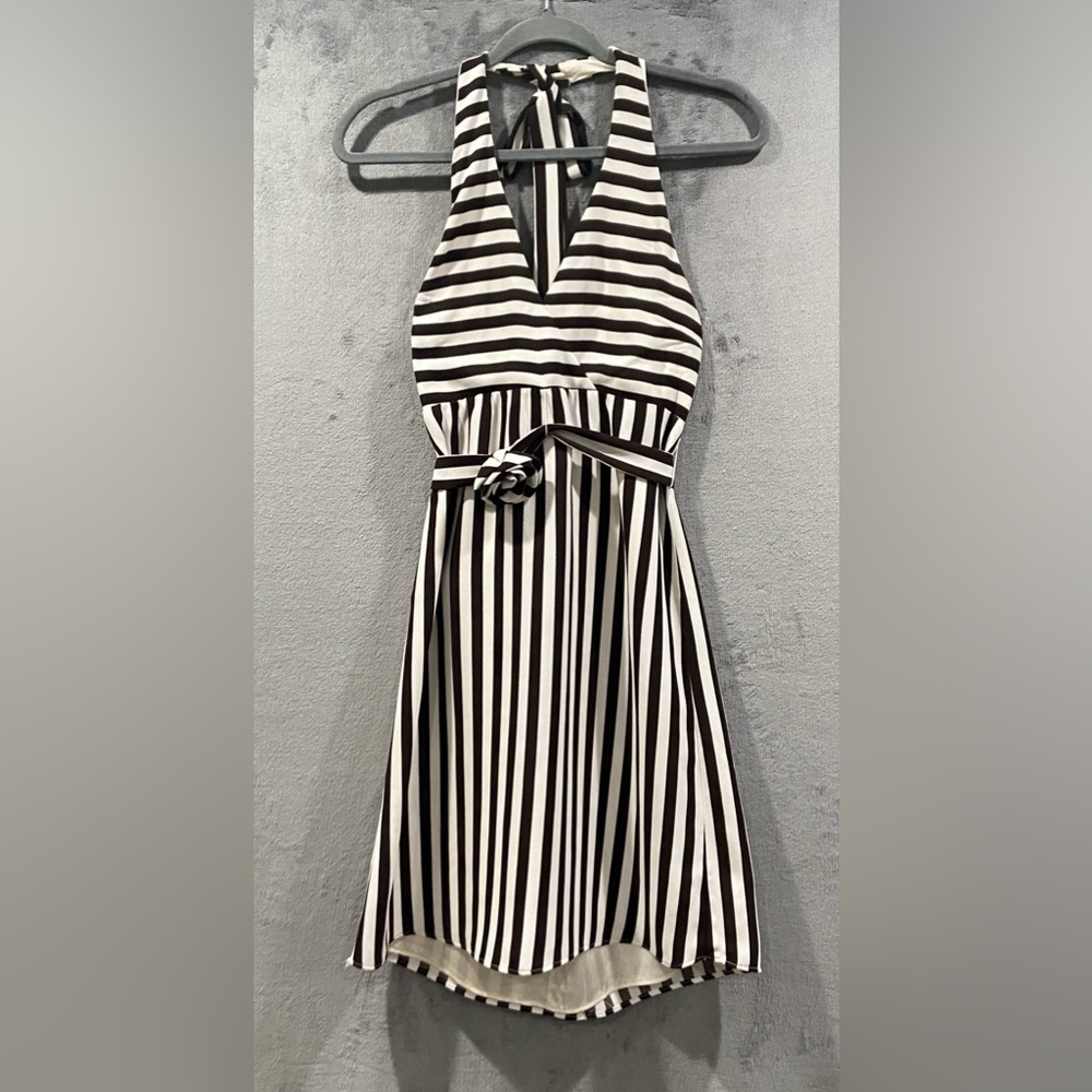 Alice + Olivia 100% Silk Striped Brown And White Halter Dress Womens Size XS